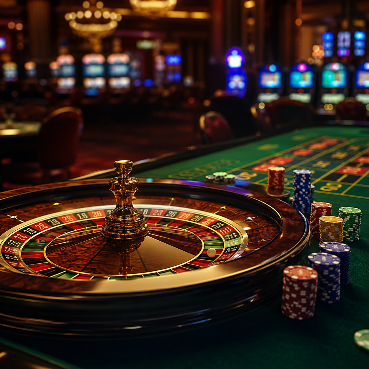 Nahaufnahme eines Roulette-Rads und verschiedener Casino-Spielchips